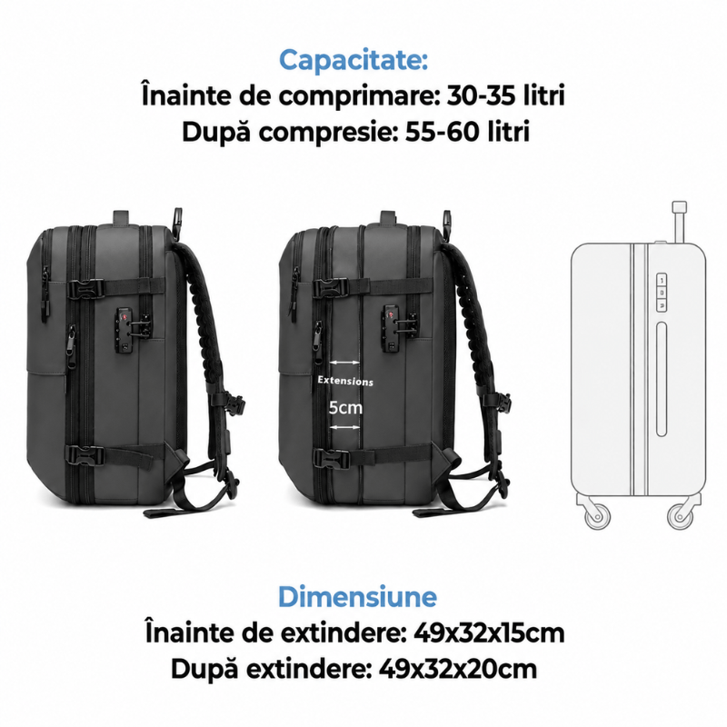 Fashion, accesorii si bijuterii - Barbati - Accesorii barbati - Genti si rucsacuri barbati - Rucsac de calatorie cu Vacuum DASBO, Bagaj de mana multifunctional, Impermeabil, Extensibil, 30-60 L, 49*32*15 cm, Gri - Infinity.ro