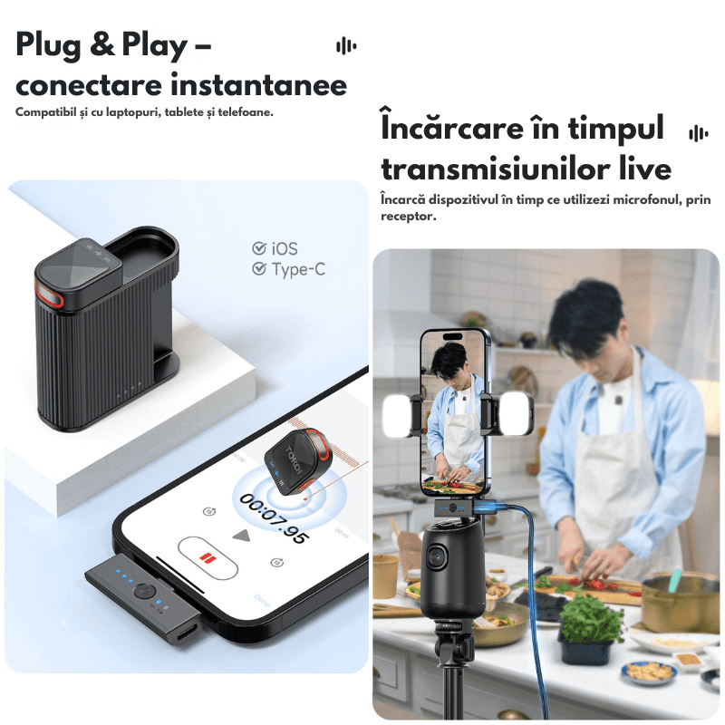 TV, Audio-Video si Foto - Audio profesionale - Microfoane profesionale - Set 2 Microfoane Lavaliera Magnetica Dual, USB-C + Lightning, Plug & Play, ENC Noise Reduction, 48KHz/24Bit - Infinity.ro