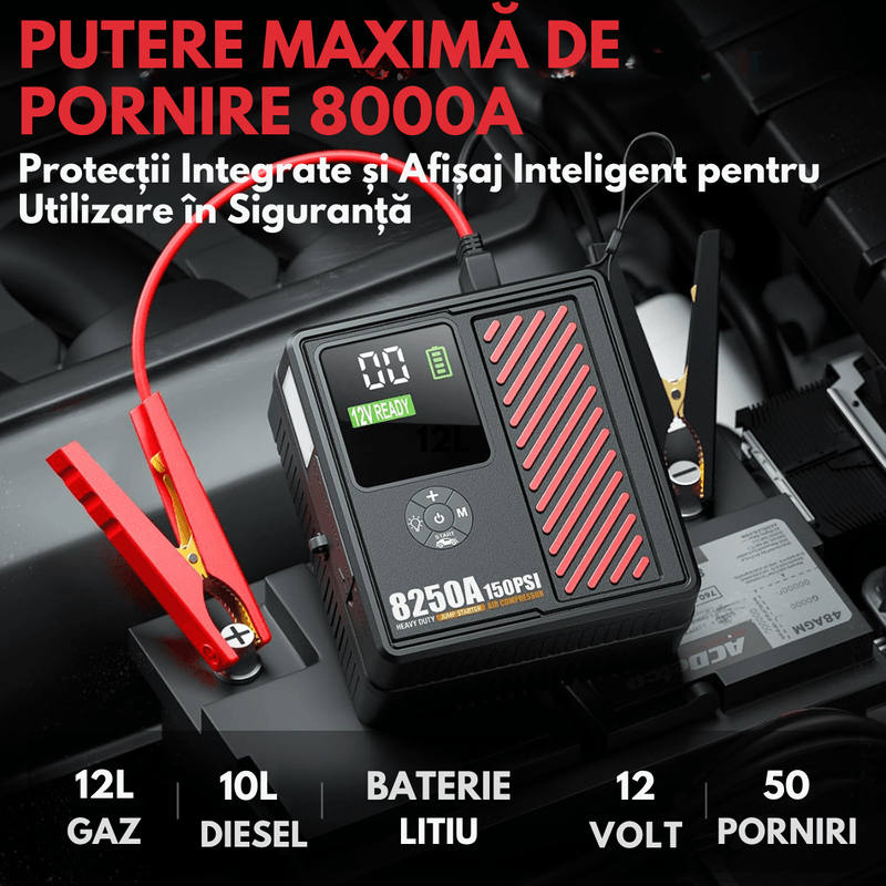 Auto si Moto - Reparatii si depanare - Redresoare - Starter auto Portabil cu Compressor Multifunctional 4in1, Dasbo, 12V, Wireless cu Baterie 20000mAh, Benzina sau Diesel - Infinity.ro