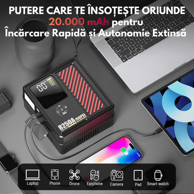 Auto si Moto - Reparatii si depanare - Redresoare - Starter auto Portabil cu Compressor Multifunctional 4in1, Dasbo, 12V, Wireless cu Baterie 20000mAh, Benzina sau Diesel - Infinity.ro