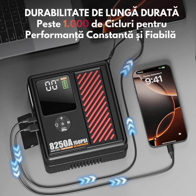 Auto si Moto - Reparatii si depanare - Redresoare - Starter auto Portabil cu Compressor Multifunctional 4in1, Dasbo, 12V, Wireless cu Baterie 20000mAh, Benzina sau Diesel - Infinity.ro