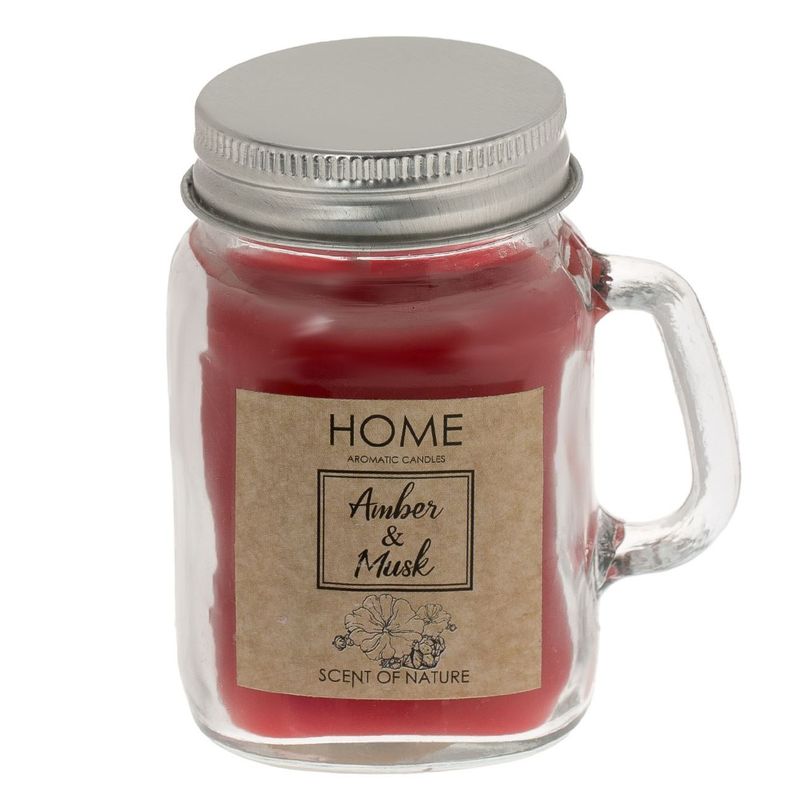Casa si Gradina - Decoratiuni - Aromaterapie si lumanari - Lumanari si candele - Lumanare parfumata Rosie cu Aroma de Mosc si Chihlimbar in Recipient din Sticla cu Capac Metalic, 5.3x8.5cm - Infinity.ro