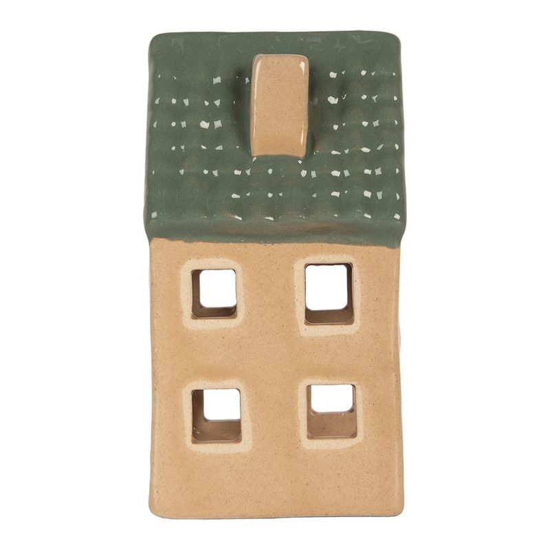 Casa si Gradina - Decoratiuni - Aromaterapie si lumanari - Lumanari si candele - Candela Casuta Craciun ceramica verde bej 6x6x11 cm - Infinity.ro