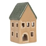 Casa si Gradina - Decoratiuni - Aromaterapie si lumanari - Lumanari si candele - Candela Casuta Craciun ceramica verde bej 6x6x11 cm - Infinity.ro