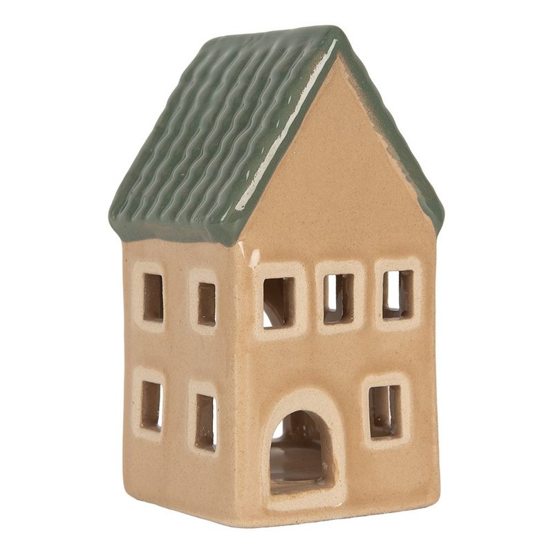 Casa si Gradina - Decoratiuni - Aromaterapie si lumanari - Lumanari si candele - Candela Casuta Craciun ceramica verde bej 6x6x11 cm - Infinity.ro