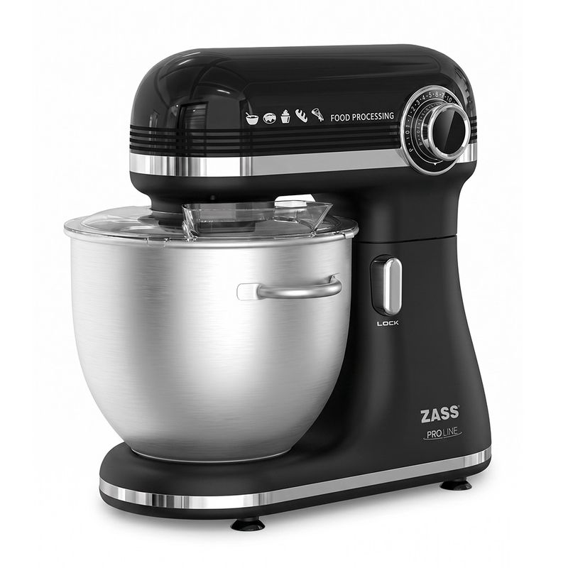Electronice si Electrocasnice - Electrocasnice bucatarie - Mixere, tocatoare si roboti de bucatarie - Mixere - Mixer planetar Zass ZPSM 11, 7 L, 1500 W, 12 viteze, bol inox, functie Puls, Negru - Infinity.ro