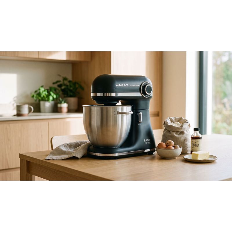 Electronice si Electrocasnice - Electrocasnice bucatarie - Mixere, tocatoare si roboti de bucatarie - Mixere - Mixer planetar Zass ZPSM 11, 7 L, 1500 W, 12 viteze, bol inox, functie Puls, Negru - Infinity.ro