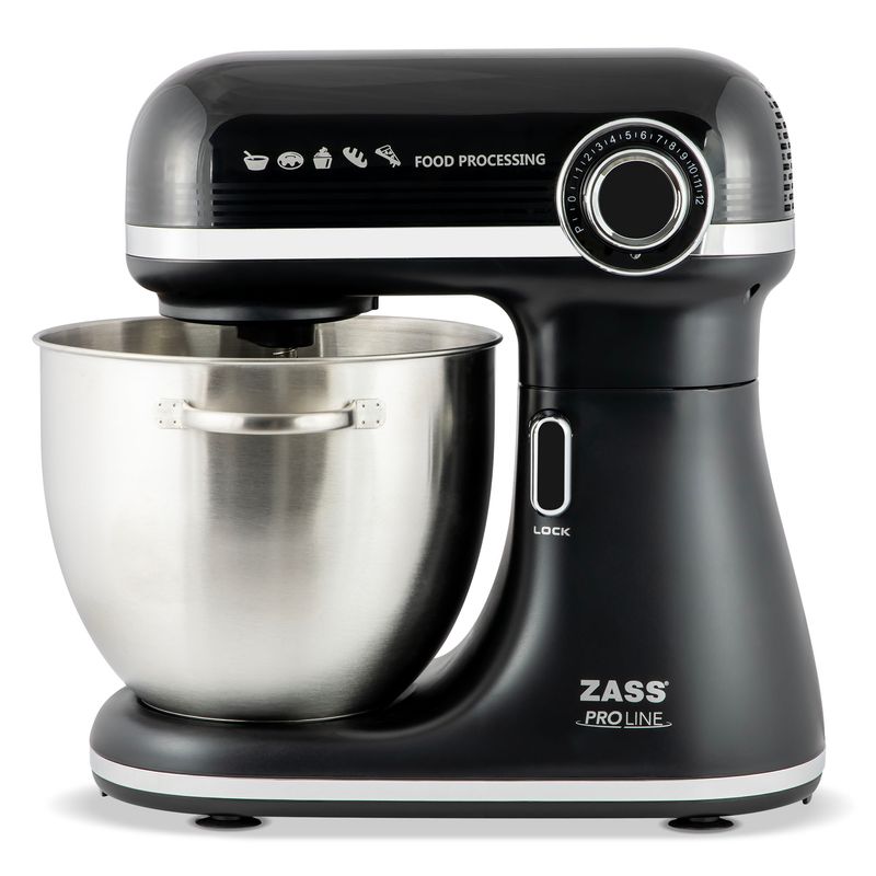 Electronice si Electrocasnice - Electrocasnice bucatarie - Mixere, tocatoare si roboti de bucatarie - Mixere - Mixer planetar Zass ZPSM 11, 7 L, 1500 W, 12 viteze, bol inox, functie Puls, Negru - Infinity.ro