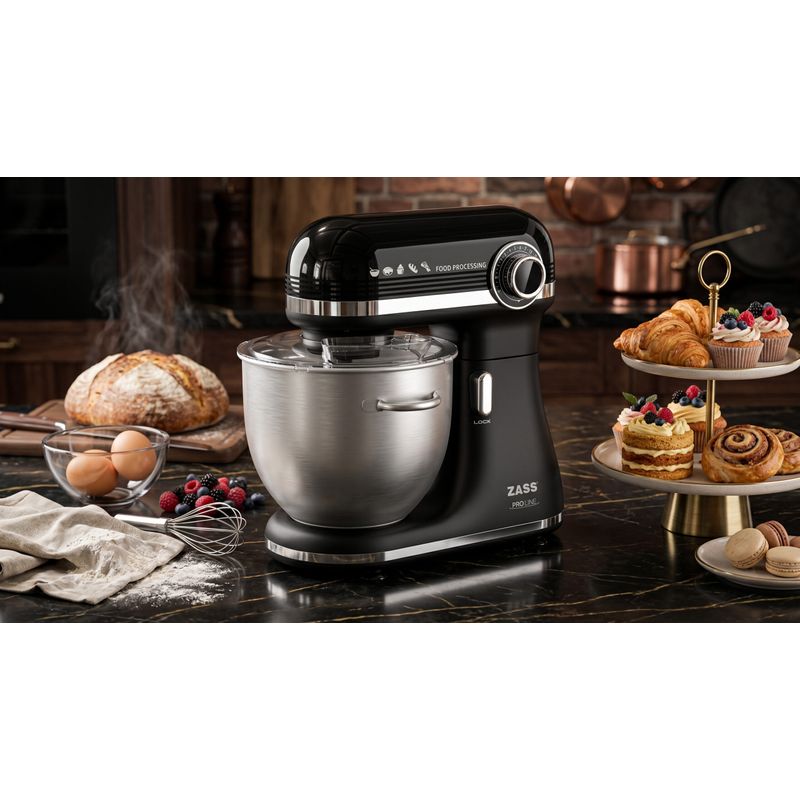 Electronice si Electrocasnice - Electrocasnice bucatarie - Mixere, tocatoare si roboti de bucatarie - Mixere - Mixer planetar Zass ZPSM 11, 7 L, 1500 W, 12 viteze, bol inox, functie Puls, Negru - Infinity.ro