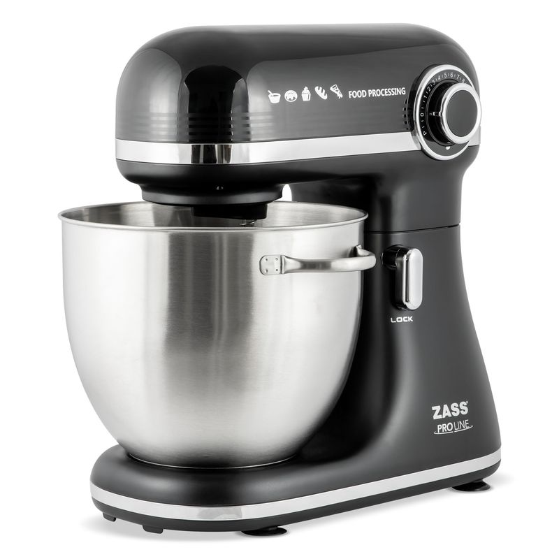 Electronice si Electrocasnice - Electrocasnice bucatarie - Mixere, tocatoare si roboti de bucatarie - Mixere - Mixer planetar Zass ZPSM 11, 7 L, 1500 W, 12 viteze, bol inox, functie Puls, Negru - Infinity.ro