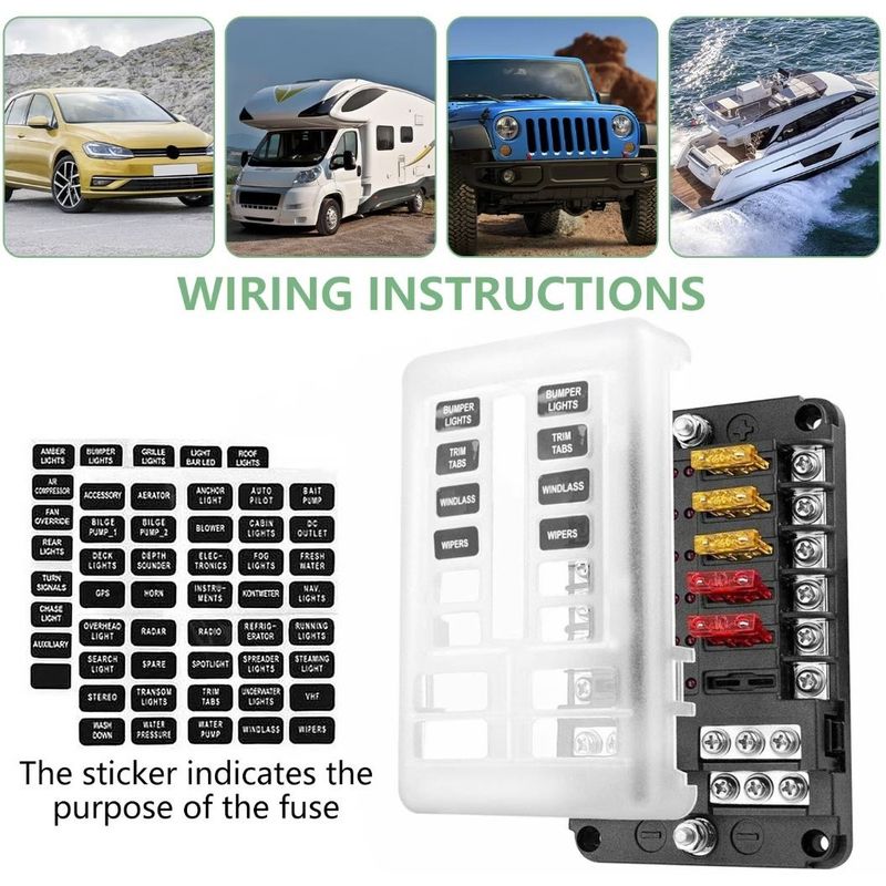 Auto si Moto - Reparatii si depanare - Scule auto - Scule si truse auto - Cutie sigurante auto Techstar, 12 circuite, 12-24V, max. 100A, LED avertizare, 24 sigurante incluse, auto, rulota, barca - Infinity.ro