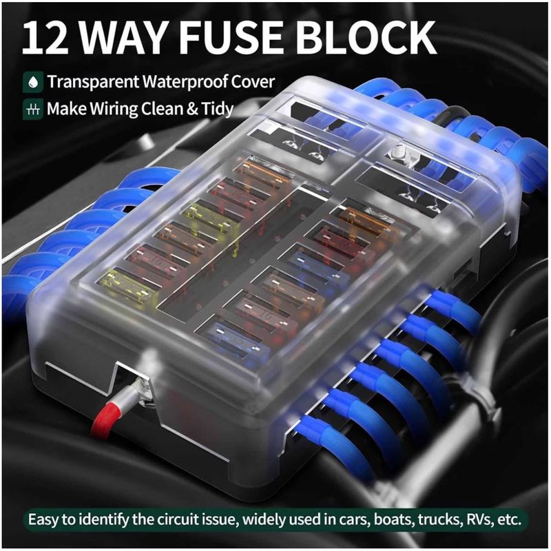 Auto si Moto - Reparatii si depanare - Scule auto - Scule si truse auto - Cutie sigurante auto Techstar, 12 circuite, 12-24V, max. 100A, LED avertizare, 24 sigurante incluse, auto, rulota, barca - Infinity.ro