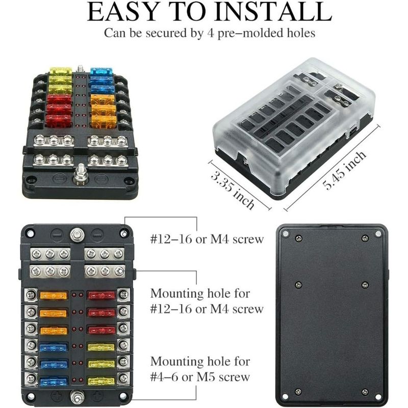 Auto si Moto - Reparatii si depanare - Scule auto - Scule si truse auto - Cutie sigurante auto Techstar, 12 circuite, 12-24V, max. 100A, LED avertizare, 24 sigurante incluse, auto, rulota, barca - Infinity.ro