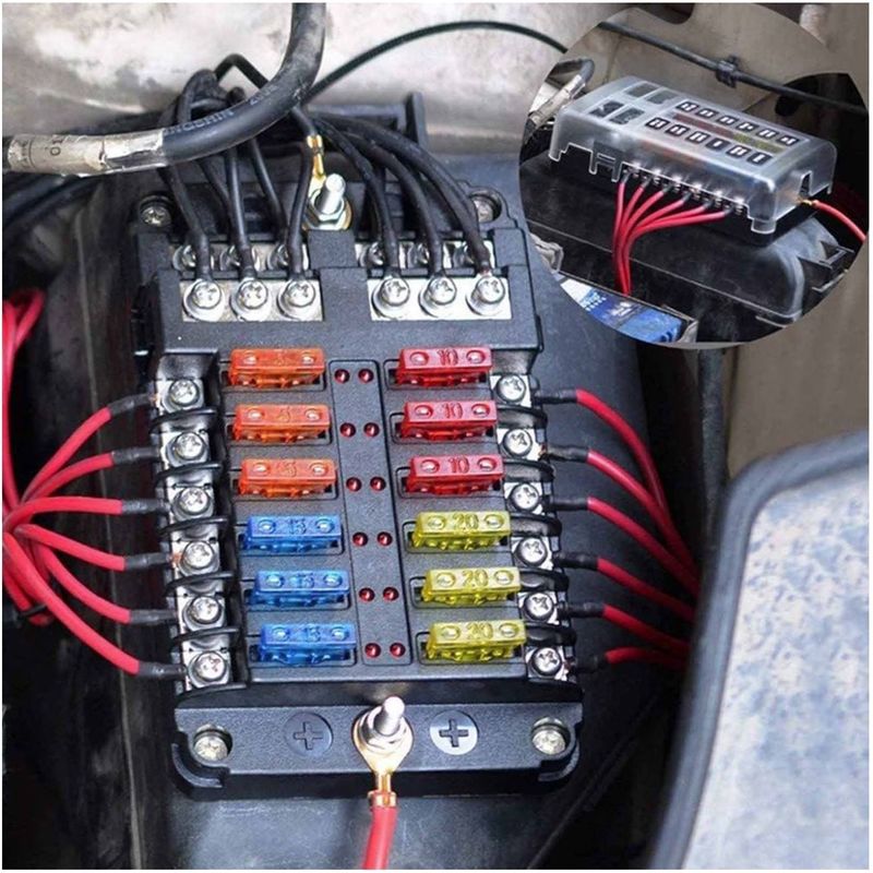 Auto si Moto - Reparatii si depanare - Scule auto - Scule si truse auto - Cutie sigurante auto Techstar, 12 circuite, 12-24V, max. 100A, LED avertizare, 24 sigurante incluse, auto, rulota, barca - Infinity.ro