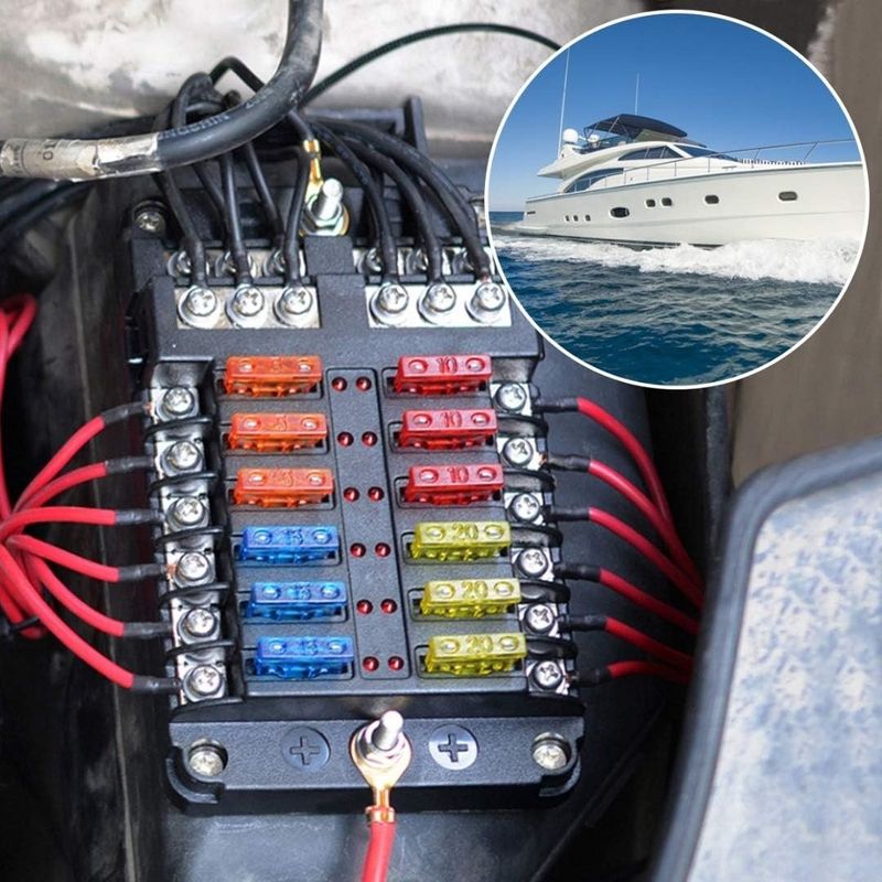 Auto si Moto - Reparatii si depanare - Scule auto - Scule si truse auto - Cutie sigurante auto Techstar, 12 circuite, 12-24V, max. 100A, LED avertizare, 24 sigurante incluse, auto, rulota, barca - Infinity.ro