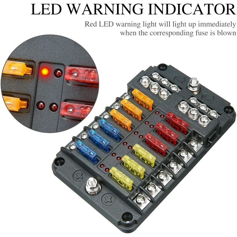 Auto si Moto - Reparatii si depanare - Scule auto - Scule si truse auto - Cutie sigurante auto Techstar, 12 circuite, 12-24V, max. 100A, LED avertizare, 24 sigurante incluse, auto, rulota, barca - Infinity.ro
