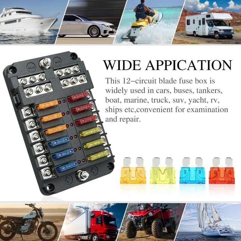 Auto si Moto - Reparatii si depanare - Scule auto - Scule si truse auto - Cutie sigurante auto Techstar, 12 circuite, 12-24V, max. 100A, LED avertizare, 24 sigurante incluse, auto, rulota, barca - Infinity.ro