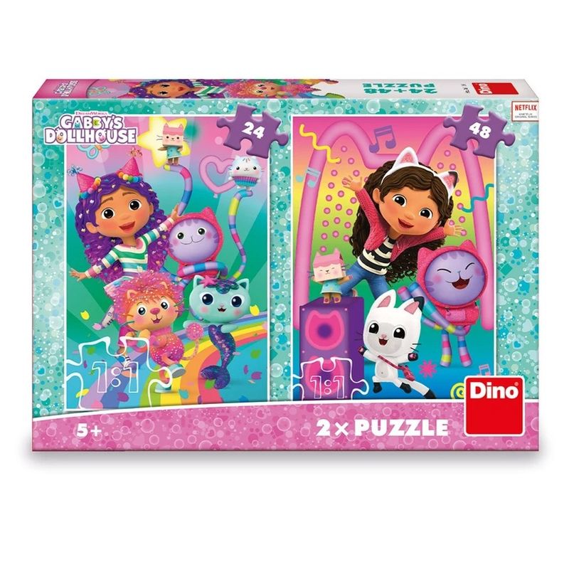 Jucarii, Copii si Bebe - Jucarii si jocuri - Jocuri si puzzle - Puzzle - Set 2 Puzzle-uri Gabby's Dollhouse Disco Party DINO TOYS, 24 si 48 Piese, Licenta Oficiala DreamWorks - Infinity.ro