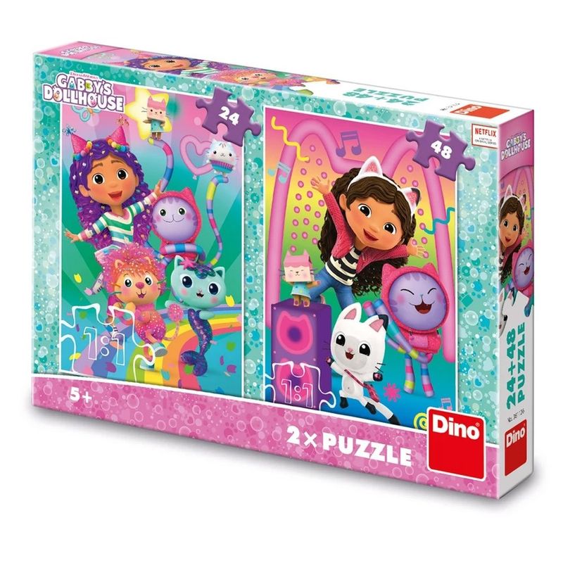 Jucarii, Copii si Bebe - Jucarii si jocuri - Jocuri si puzzle - Puzzle - Set 2 Puzzle-uri Gabby's Dollhouse Disco Party DINO TOYS, 24 si 48 Piese, Licenta Oficiala DreamWorks - Infinity.ro