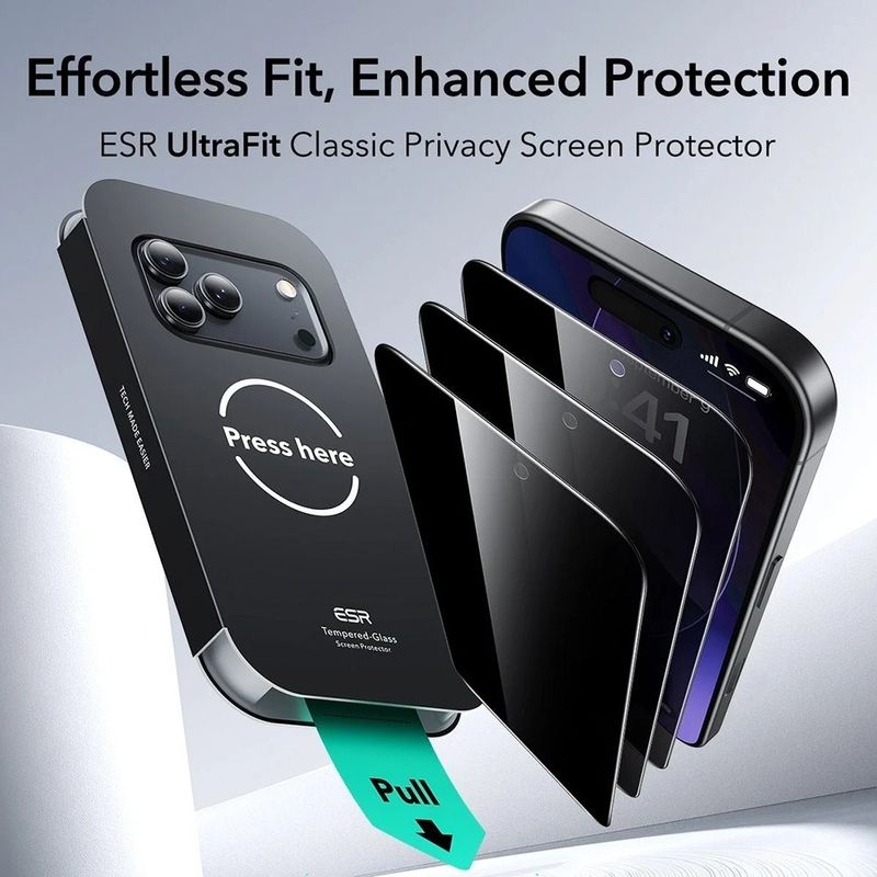 Laptop, Telefoane si Tablete - Telefoane mobile si accesorii - Accesorii Telefoane - Folii protectie telefoane - Folie pentru iPhone 17 Pro (set 3) - ESR Privacy Tempered Glass UltraFit - Black - Infinity.ro