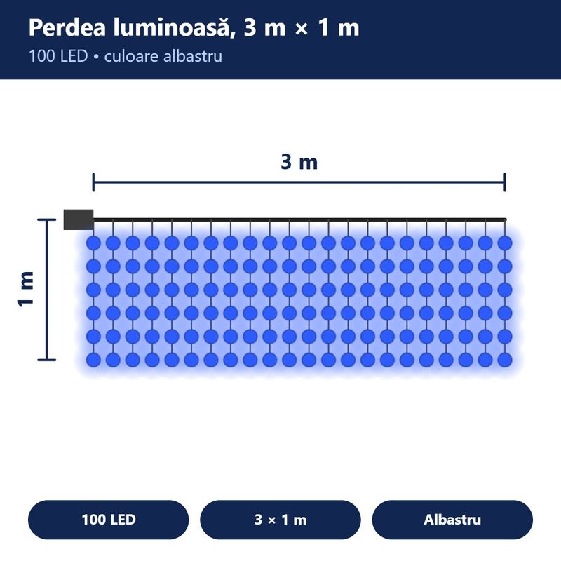 Casa si Gradina - Decoratiuni - Decoratiuni de sezon - Instalatie luminoasa de Craciun tip Perdea cu efect de apa curgatoare, 3 m x 1 m, 100 leduri mici, Albastru - Infinity.ro