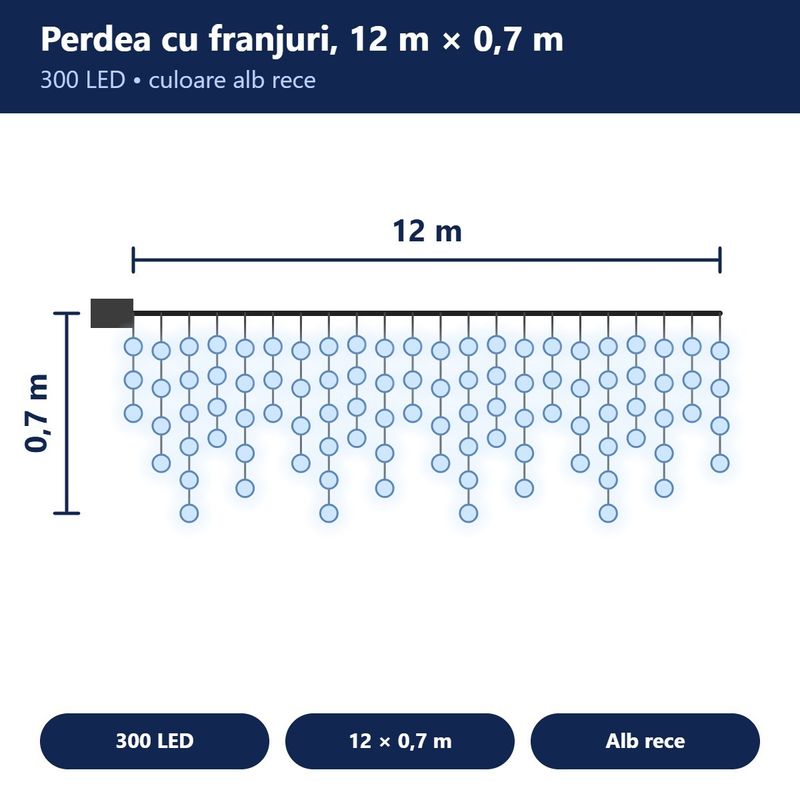 Casa si Gradina - Decoratiuni - Decoratiuni de sezon - Instalatie luminoasa de Craciun tip Perdea Franjurata, 12 m x 0.7 m, 300 leduri mici, Alb rece - Infinity.ro