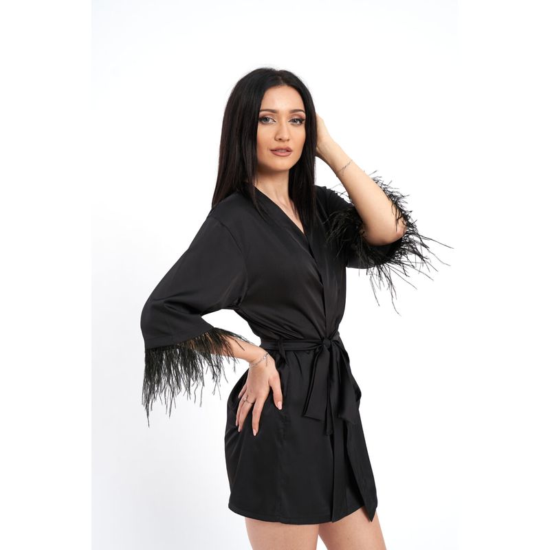 Kimono din satin de matase cu pene de strut, negru - Marketplace online ...