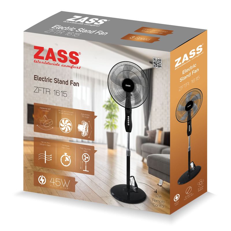 Casa si Gradina - Termice - Climatizare si ventilatie - Ventilator cu picior,timer si telecomanda Zass ZFTR 1615, negru - Infinity.ro