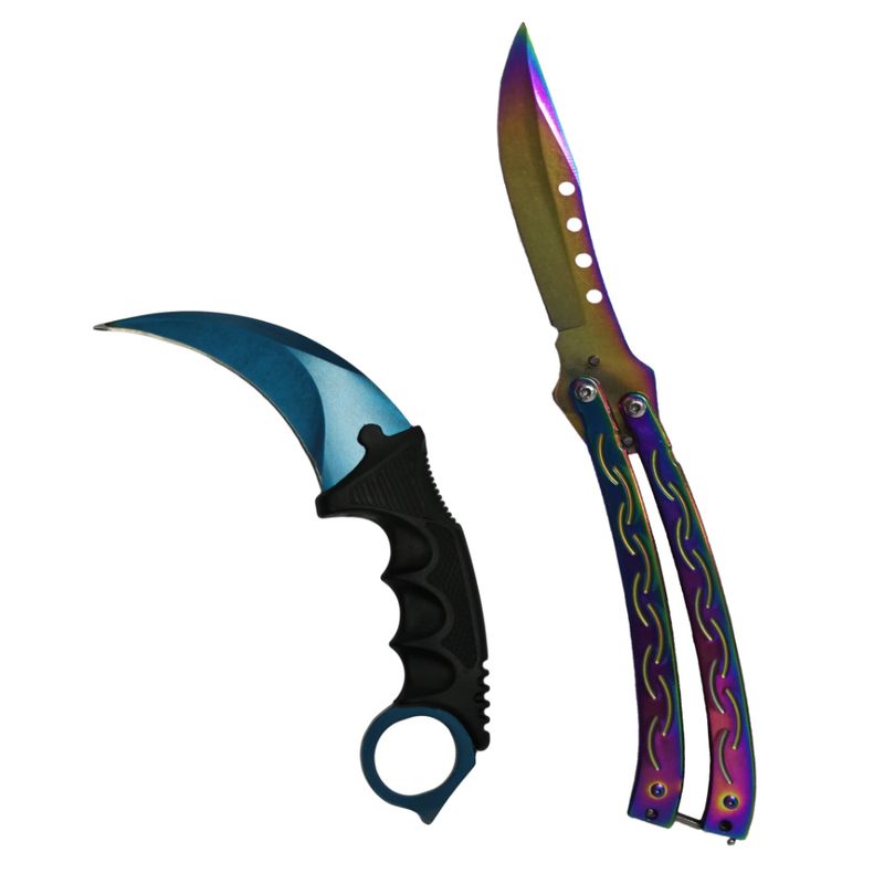 Sport si Outdoor/Camping/Cutite, bricege si accesorii/Cutite si bricege - Set briceag butterfly, multicolor, 25 cm si cutit karambit, Rainbow, 19 cm, Otel inoxidabil - Infinity.ro