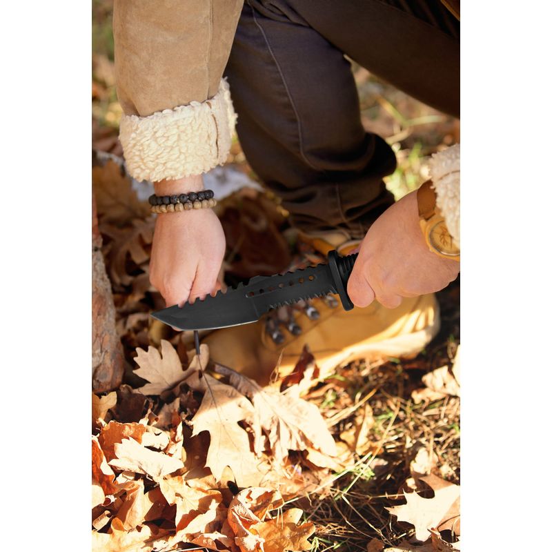 Sport si Outdoor - Camping - Cutite, bricege si accesorii - Cutite si bricege - Cutit de vanatoare IdeallStore®, Survival Spirit, otel inoxidabil, amnar, 30.5 cm, negru, teaca inclusa - Infinity.ro