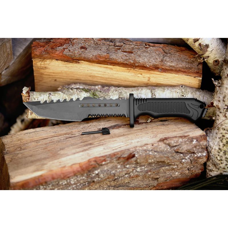 Sport si Outdoor - Camping - Cutite, bricege si accesorii - Cutite si bricege - Cutit de vanatoare IdeallStore®, Survival Spirit, otel inoxidabil, amnar, 30.5 cm, negru, teaca inclusa - Infinity.ro