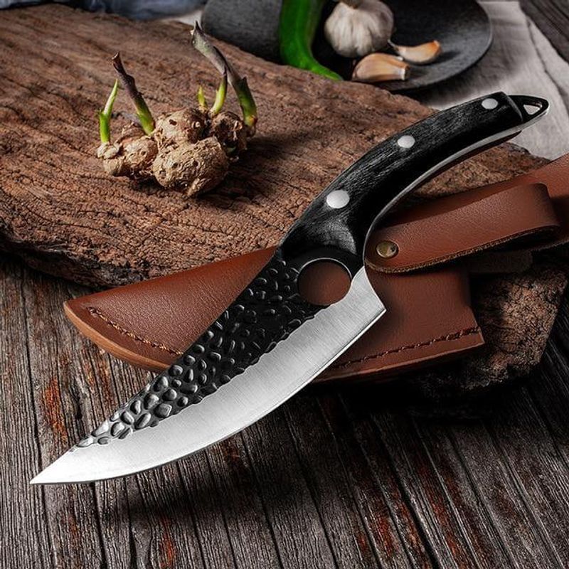 Sport si Outdoor/Camping/Cutite, bricege si accesorii/Cutite si bricege - Cutit japonez lucrat manual, otel inoxidabil, 27.5 cm, negru, teaca piele inclusa - Infinity.ro