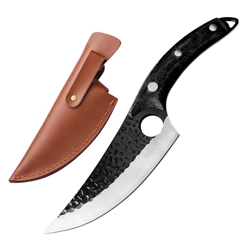Sport si Outdoor/Camping/Cutite, bricege si accesorii/Cutite si bricege - Cutit japonez lucrat manual, otel inoxidabil, 27.5 cm, negru, teaca piele inclusa - Infinity.ro