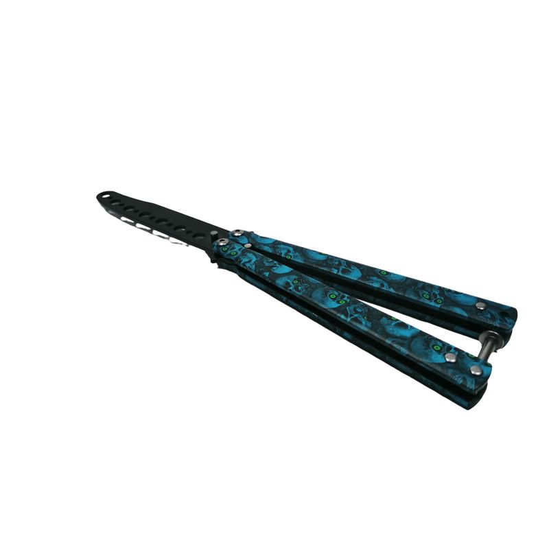 Sport si Outdoor - Camping - Cutite, bricege si accesorii - Cutite si bricege - Cutit, Briceag fluture, Butterfly, Happy Blue Skulls, pentru antrenament, 22 cm - Infinity.ro