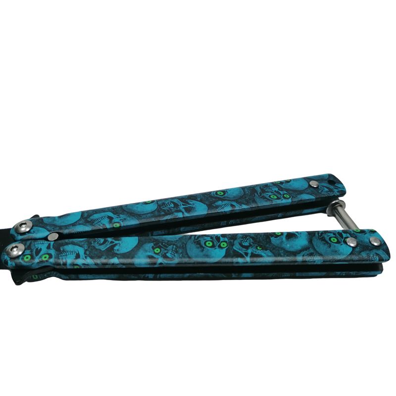 Sport si Outdoor - Camping - Cutite, bricege si accesorii - Cutite si bricege - Cutit, Briceag fluture, Butterfly, Happy Blue Skulls, pentru antrenament, 22 cm - Infinity.ro