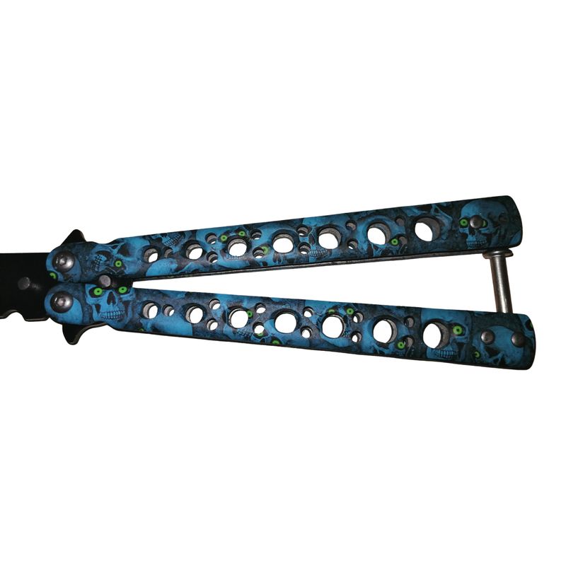 Sport si Outdoor - Camping - Cutite, bricege si accesorii - Cutite si bricege - Cutit, Briceag fluture, Butterfly, Scared Skulls, pentru antrenament, 22 cm, albastru - Infinity.ro