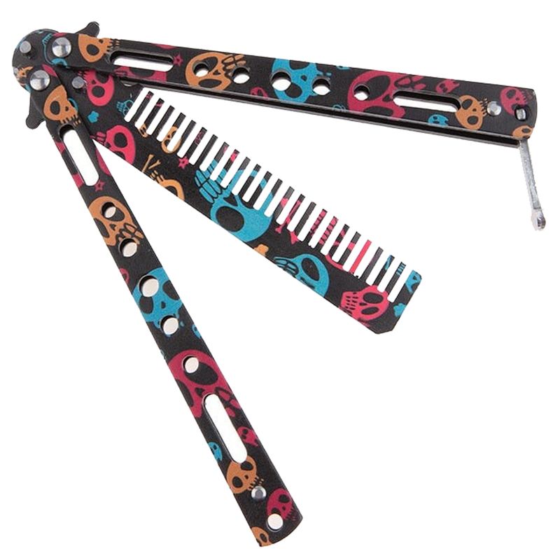 Sport si Outdoor - Camping - Cutite, bricege si accesorii - Cutite si bricege - Briceag fluture de antrenament IdeallStore®, tip pieptan, Happy Skulls, 22 cm, negru - Infinity.ro
