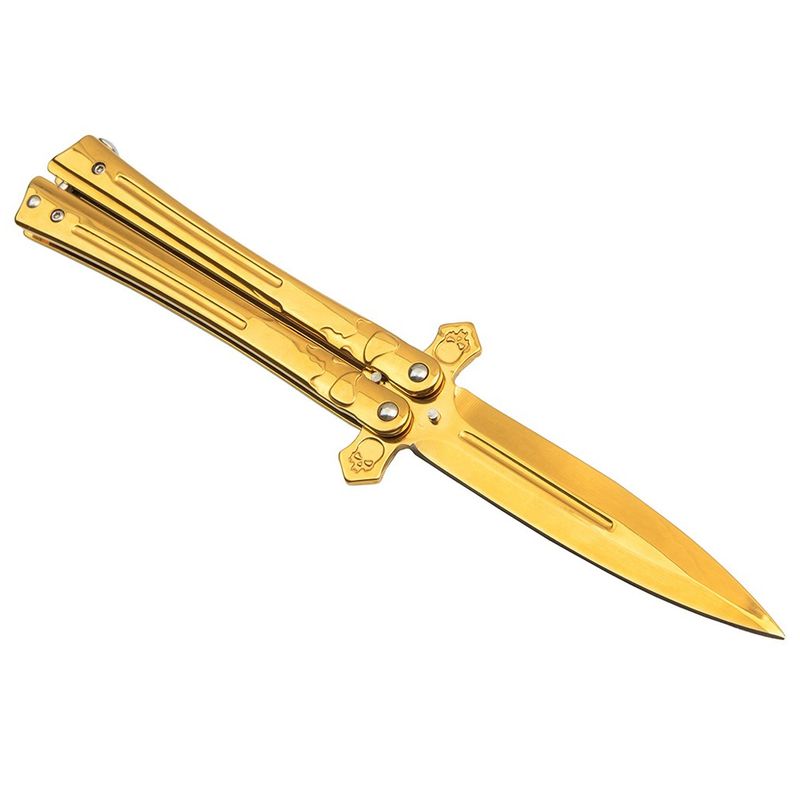 Sport si Outdoor - Camping - Cutite, bricege si accesorii - Cutite si bricege - Briceag fluture IdeallStore®, Skull Crusher, otel inoxidabil, 24 cm, auriu - Infinity.ro