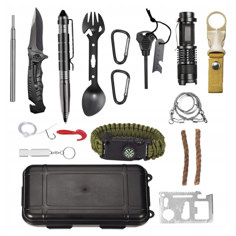 Sport si Outdoor - Accesorii si echipamente sportive - Sporturi extreme si supravietuire - Kituri supravietuire - Kit de supravietuire IdeallStore®, Savivour Master, 20 elemente multifunctionale, negru - Infinity.ro