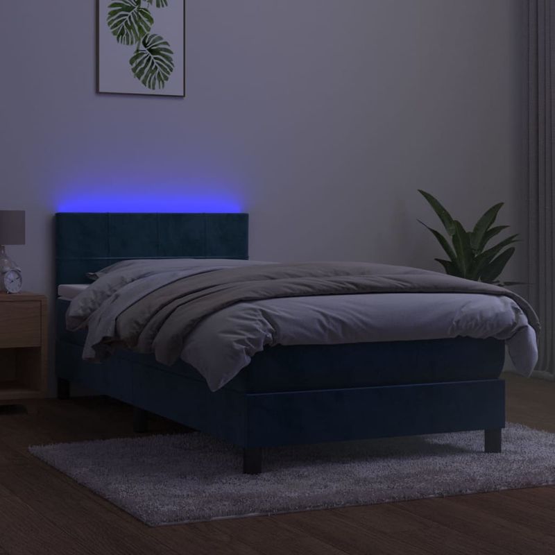 Casa si Gradina - Mobilier - Paturi si accesorii - Paturi - Pat cu arcuri, saltea si LED, bleumarin, 90x190 cm, catifea - Infinity.ro