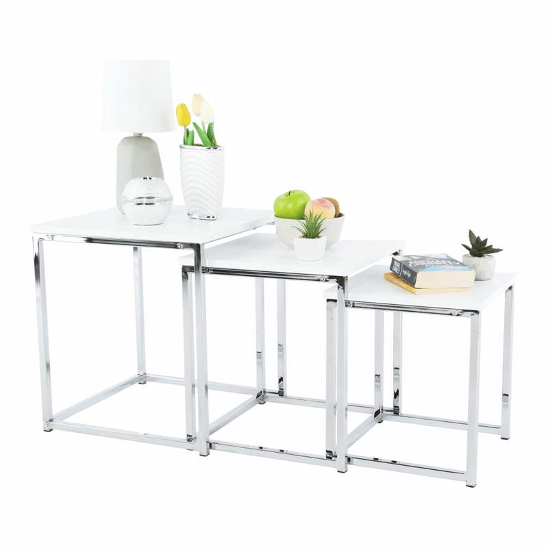 Casa si Gradina - Mobilier - Mese si birouri - Masute de cafea - Set 3 masute de cafea, alb mat/crom, MAGNO TYP 3 - Infinity.ro