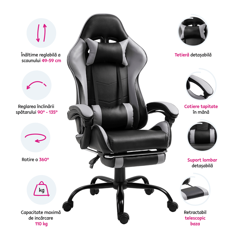 Casa si Gradina - Mobilier - Scaune si fotolii - Fotolii - Fotoliu birou/gaming cu suport pentru picioare, negru/gri, TARUN - Infinity.ro
