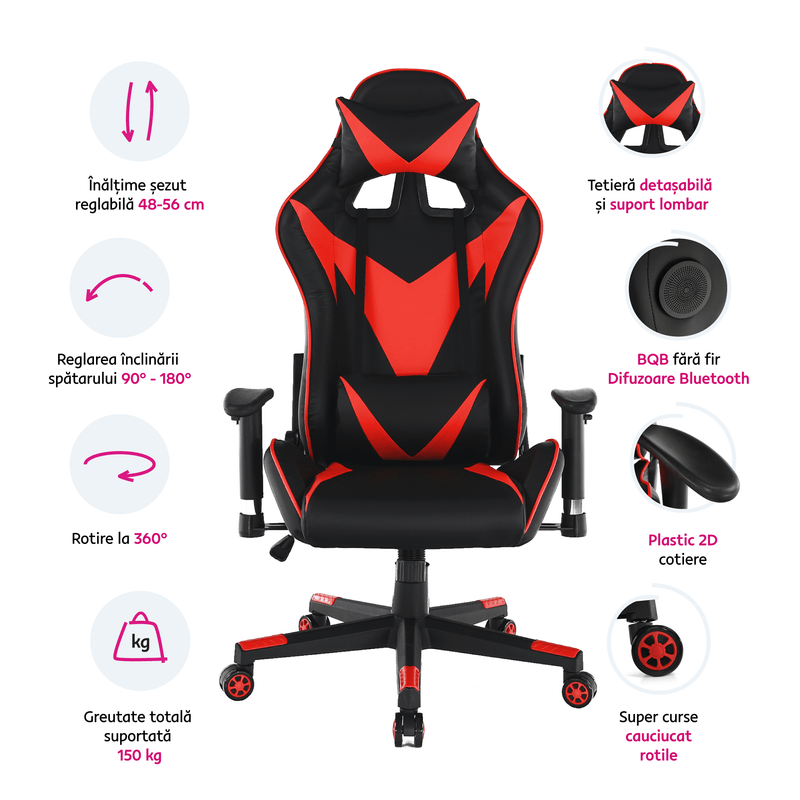 Casa si Gradina - Mobilier - Scaune si fotolii - Scaune - Scaun de birou / joc cu difuzoare Bluetooth, negru / rosu, CARPI - Infinity.ro