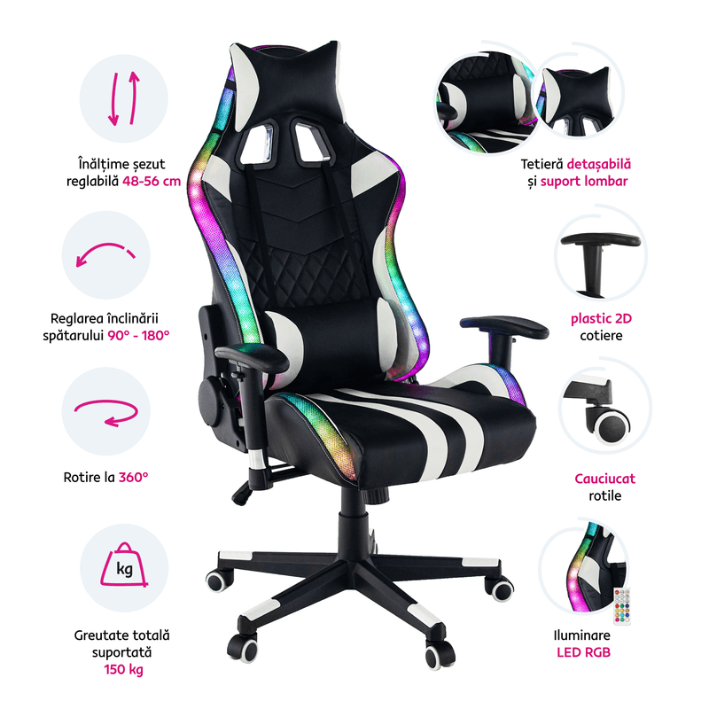 Casa si Gradina - Mobilier - Scaune si fotolii - Scaune - Scaun de birou / joc cu iluminare RGB, model negru / alb / culoare, ZOPA - Infinity.ro