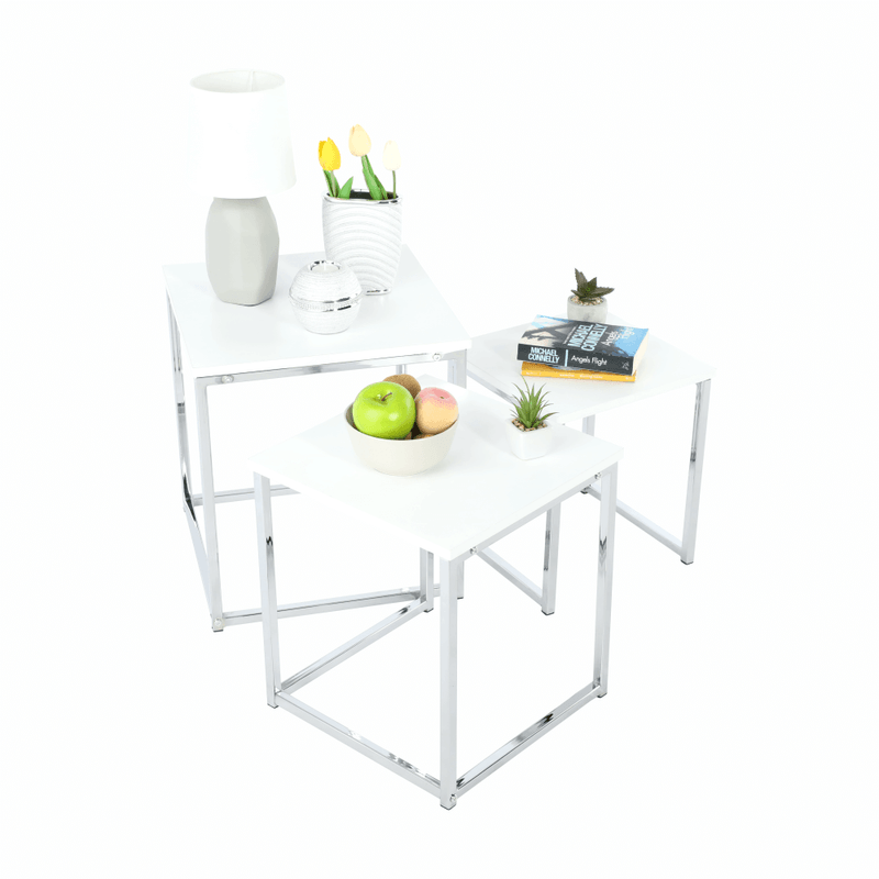 Casa si Gradina - Mobilier - Mese si birouri - Masute de cafea - Set 3 masute de cafea, alb mat/crom, MAGNO TYP 3 - Infinity.ro