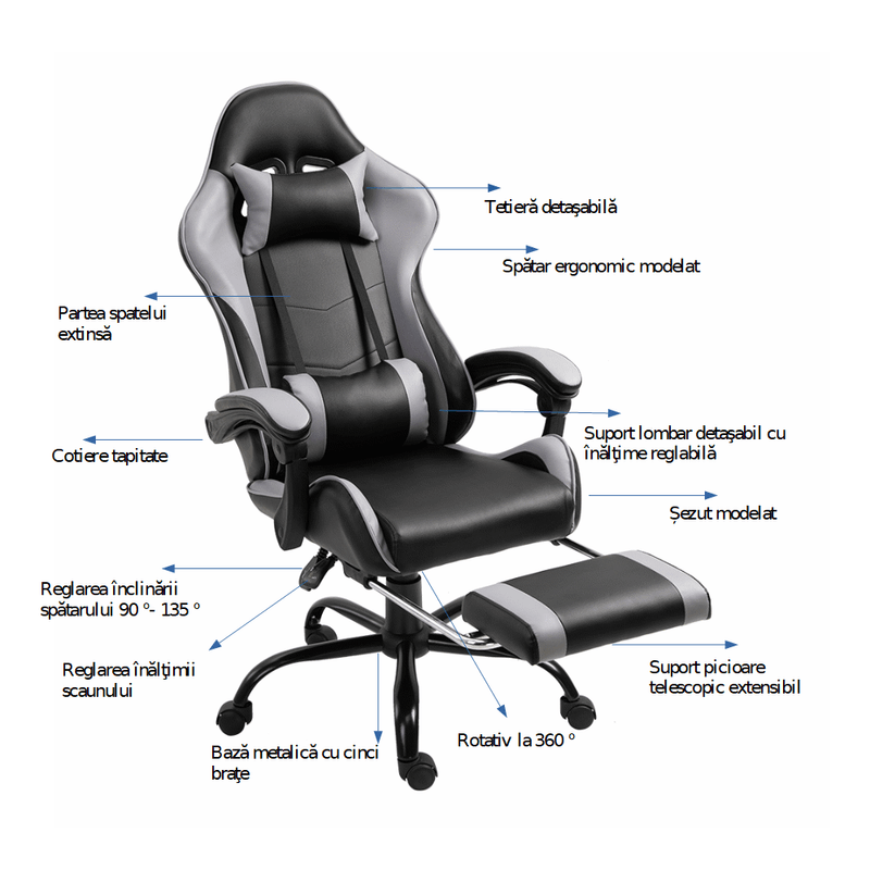 Casa si Gradina - Mobilier - Scaune si fotolii - Fotolii - Fotoliu birou/gaming cu suport pentru picioare, negru/gri, TARUN - Infinity.ro