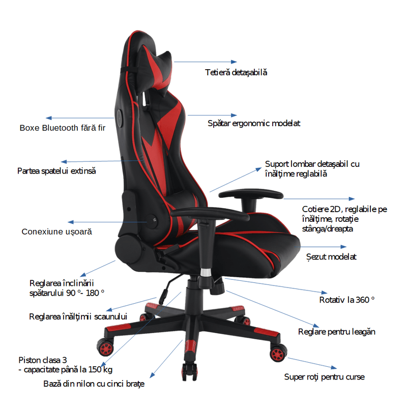 Casa si Gradina - Mobilier - Scaune si fotolii - Scaune - Scaun de birou / joc cu difuzoare Bluetooth, negru / rosu, CARPI - Infinity.ro
