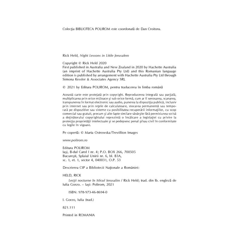 Carti si Birotica - Carti - Fictiune - Lectii nocturne in Micul Ierusalim - Rick Held - Infinity.ro