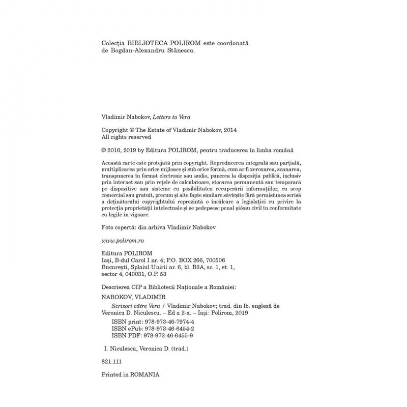 Carti si Birotica - Carti - Fictiune - Scrisori catre Vera (editia 2019), Vladimir Nabokov - Infinity.ro
