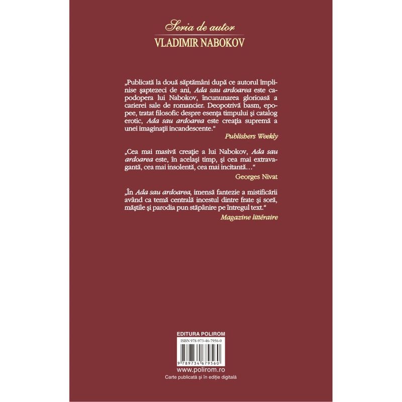 Carti si Birotica - Carti - Fictiune - Ada sau ardoarea (editia 2019), Vladimir Nabokov - Infinity.ro
